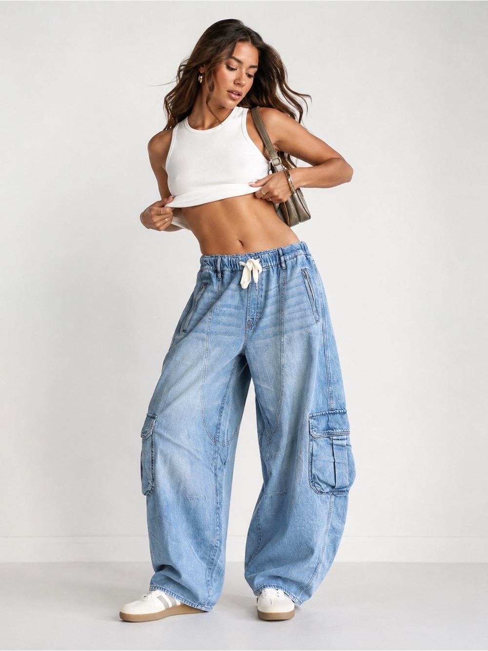 NWT Hidden Los Angeles Sammie High Rise Barrel Cargo Utility Drawstring Jeans 30